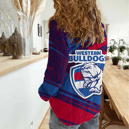 Western Bulldogs Australian Football Women Casual Shirt Tough Bulldog Mascot Art With Indigenous Pattern Art