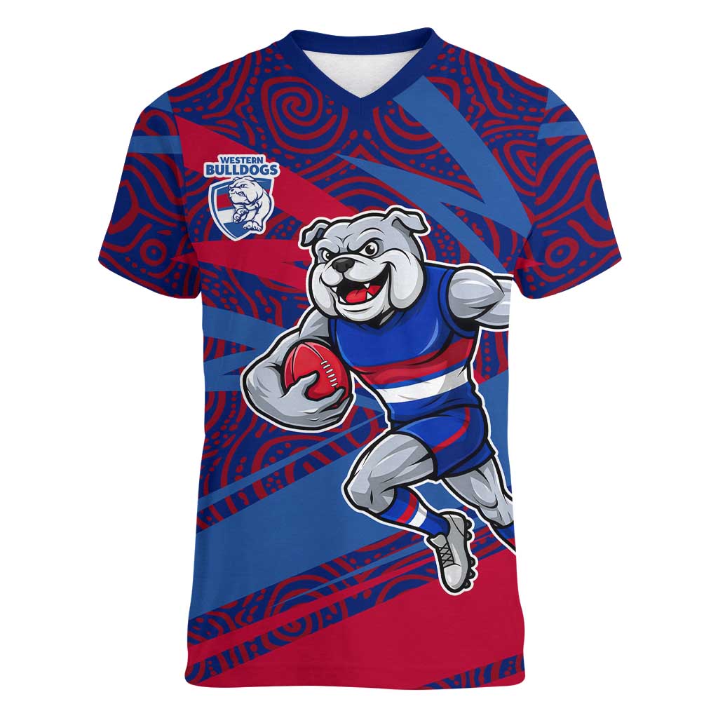 Western Bulldogs Australian Football Women V-Neck T-Shirt Tough Bulldog Mascot Art With Indigenous Pattern Art