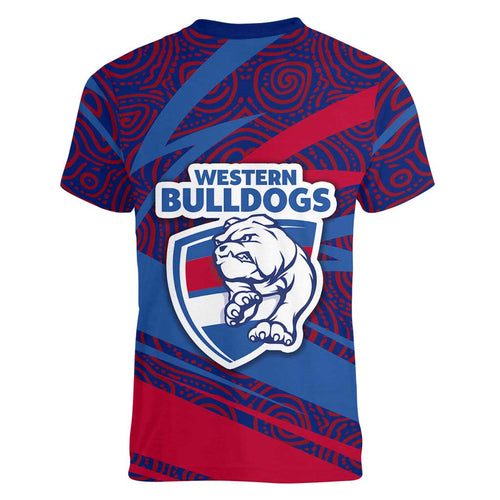 Western Bulldogs Australian Football Women V-Neck T-Shirt Tough Bulldog Mascot Art With Indigenous Pattern Art