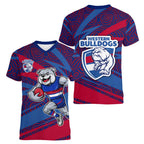 Western Bulldogs Australian Football Women V-Neck T-Shirt Tough Bulldog Mascot Art With Indigenous Pattern Art