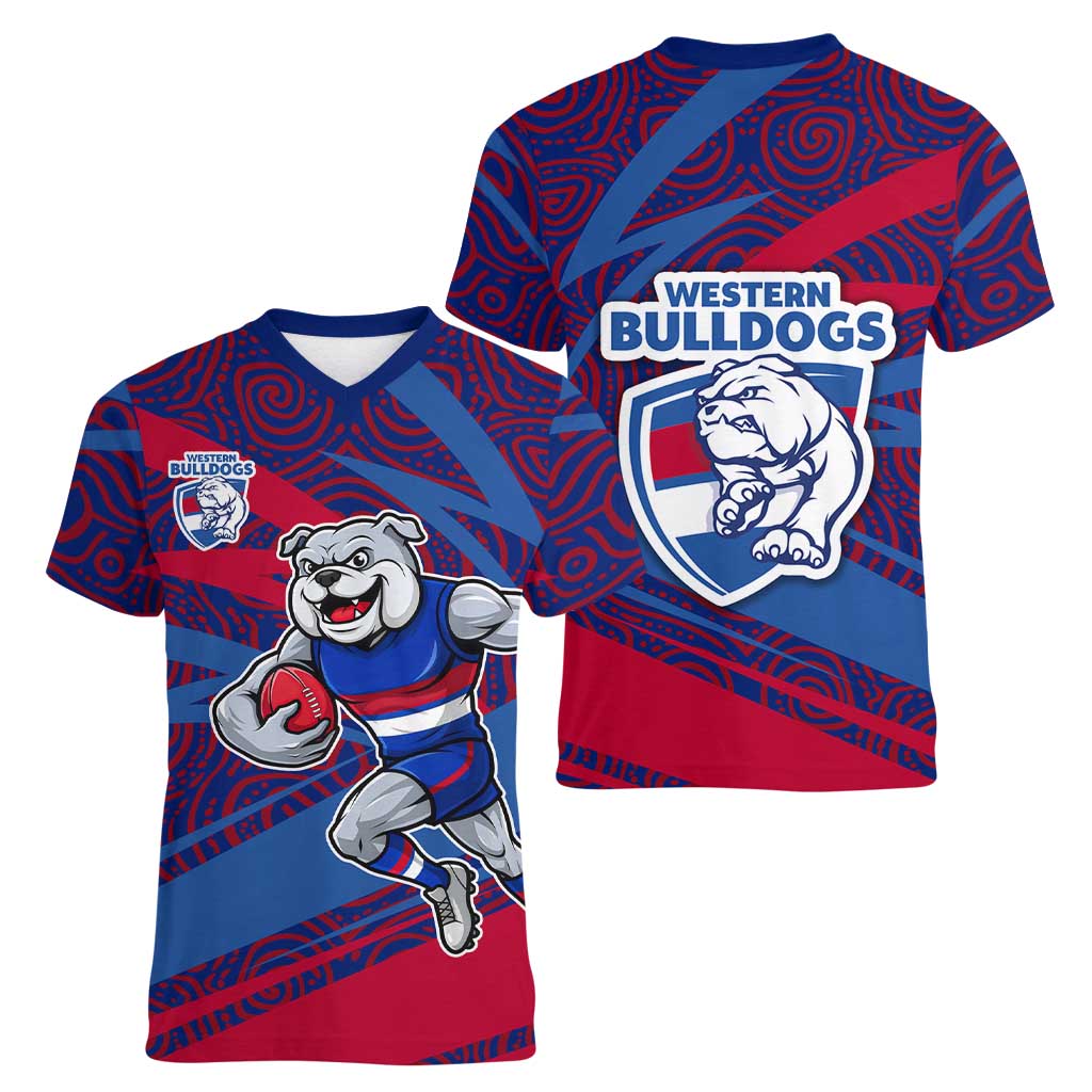 Western Bulldogs Australian Football Women V-Neck T-Shirt Tough Bulldog Mascot Art With Indigenous Pattern Art