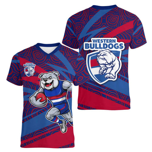 Western Bulldogs Australian Football Women V-Neck T-Shirt Tough Bulldog Mascot Art With Indigenous Pattern Art