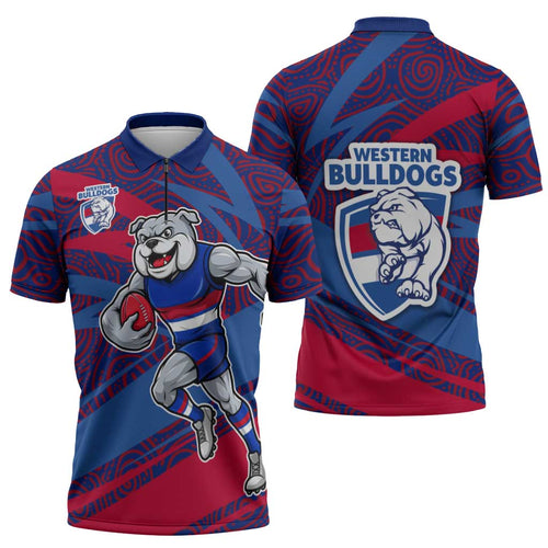 Western Bulldogs Australian Football Zipper Polo Shirt Tough Bulldog Mascot Art With Indigenous Pattern Art