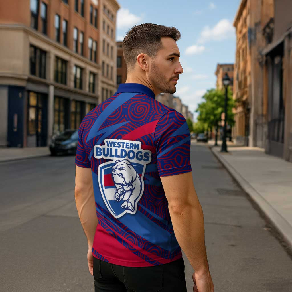 Western Bulldogs Australian Football Zipper Polo Shirt Tough Bulldog Mascot Art With Indigenous Pattern Art