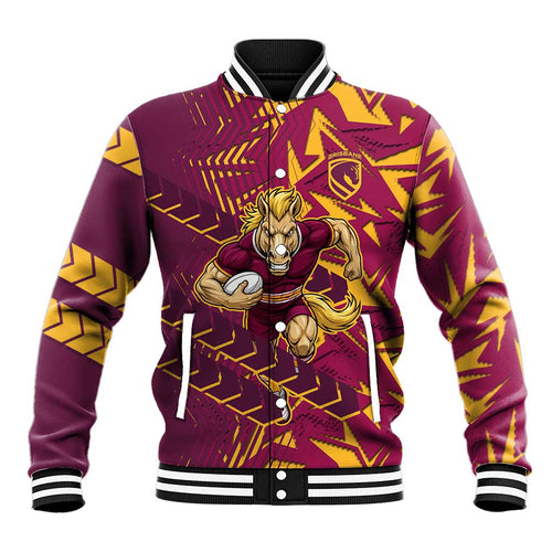 Brisbane Broncos Rugby Baseball Jacket Fierce Mascot Geometric Tribal Art