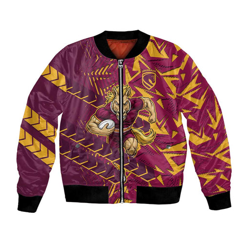 Brisbane Broncos Rugby Bomber Jacket Fierce Mascot Geometric Tribal Art