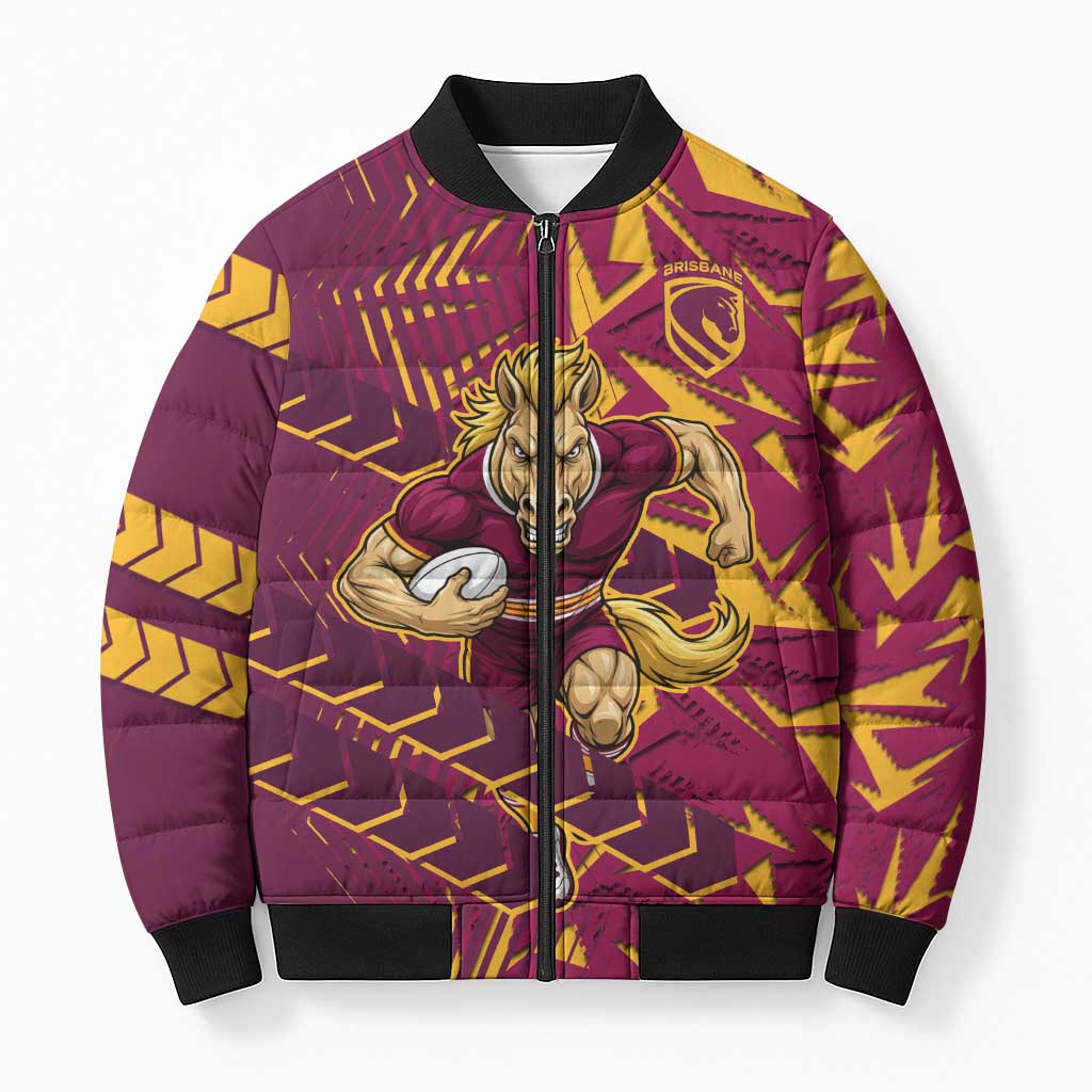 Brisbane Broncos Rugby Bomber Puffer Jacket Fierce Mascot Geometric Tribal Art