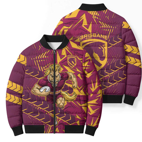 Brisbane Broncos Rugby Bomber Puffer Jacket Fierce Mascot Geometric Tribal Art