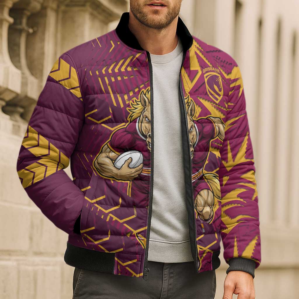 Brisbane Broncos Rugby Bomber Puffer Jacket Fierce Mascot Geometric Tribal Art