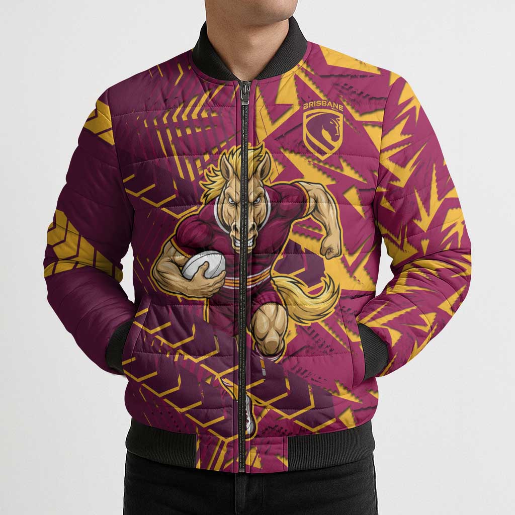 Brisbane Broncos Rugby Bomber Puffer Jacket Fierce Mascot Geometric Tribal Art