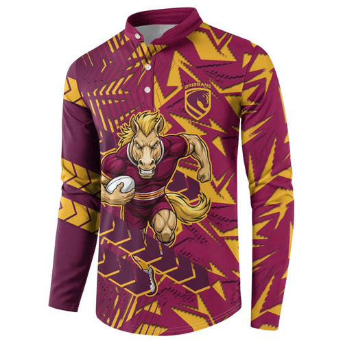 Brisbane Broncos Rugby Button Sweatshirt Fierce Mascot Geometric Tribal Art