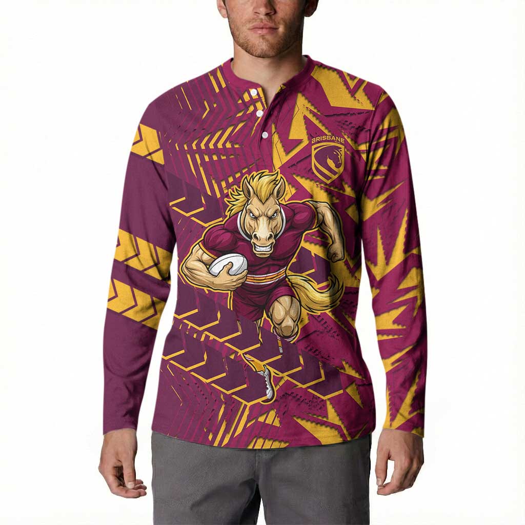 Brisbane Broncos Rugby Button Sweatshirt Fierce Mascot Geometric Tribal Art