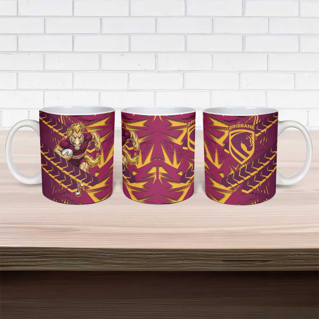 Brisbane Broncos Rugby Ceramic Mug Fierce Mascot Geometric Tribal Art