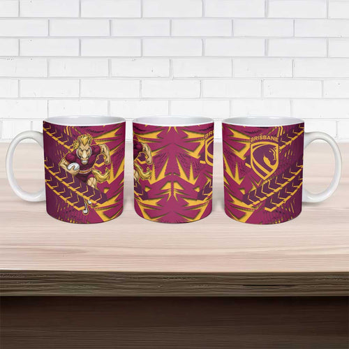 Brisbane Broncos Rugby Ceramic Mug Fierce Mascot Geometric Tribal Art