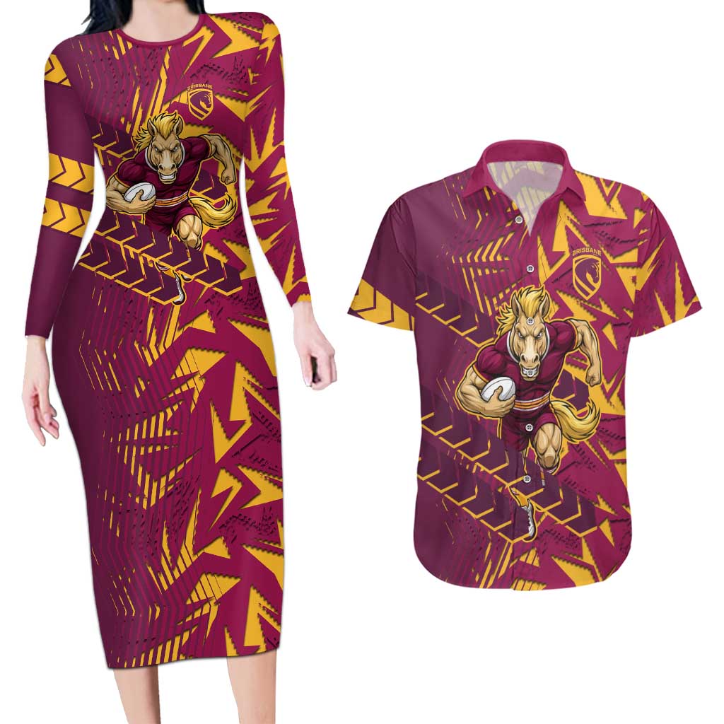 Brisbane Broncos Rugby Couples Matching Long Sleeve Bodycon Dress and Hawaiian Shirt Fierce Mascot Geometric Tribal Art