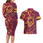 Brisbane Broncos Rugby Couples Matching Long Sleeve Bodycon Dress and Hawaiian Shirt Fierce Mascot Geometric Tribal Art