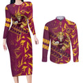 Brisbane Broncos Rugby Couples Matching Long Sleeve Bodycon Dress and Long Sleeve Button Shirt Fierce Mascot Geometric Tribal Art