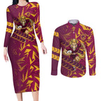 Brisbane Broncos Rugby Couples Matching Long Sleeve Bodycon Dress and Long Sleeve Button Shirt Fierce Mascot Geometric Tribal Art