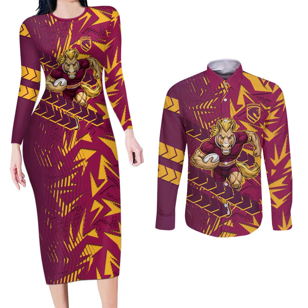 Brisbane Broncos Rugby Couples Matching Long Sleeve Bodycon Dress and Long Sleeve Button Shirt Fierce Mascot Geometric Tribal Art