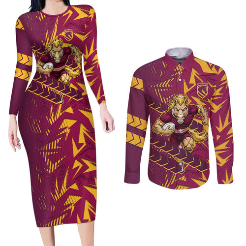 Brisbane Broncos Rugby Couples Matching Long Sleeve Bodycon Dress and Long Sleeve Button Shirt Fierce Mascot Geometric Tribal Art