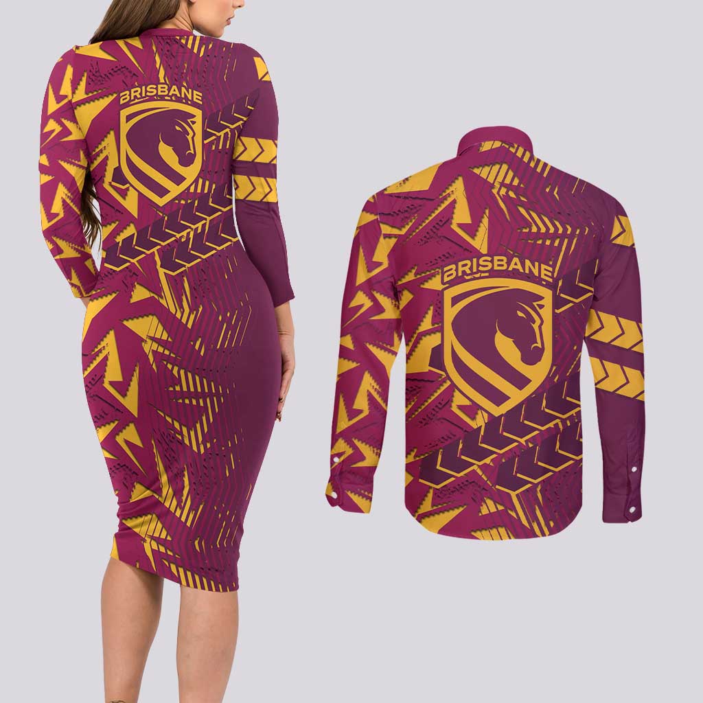 Brisbane Broncos Rugby Couples Matching Long Sleeve Bodycon Dress and Long Sleeve Button Shirt Fierce Mascot Geometric Tribal Art