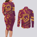 Brisbane Broncos Rugby Couples Matching Long Sleeve Bodycon Dress and Long Sleeve Button Shirt Fierce Mascot Geometric Tribal Art