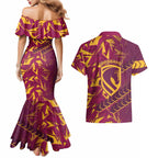 Brisbane Broncos Rugby Couples Matching Mermaid Dress and Hawaiian Shirt Fierce Mascot Geometric Tribal Art