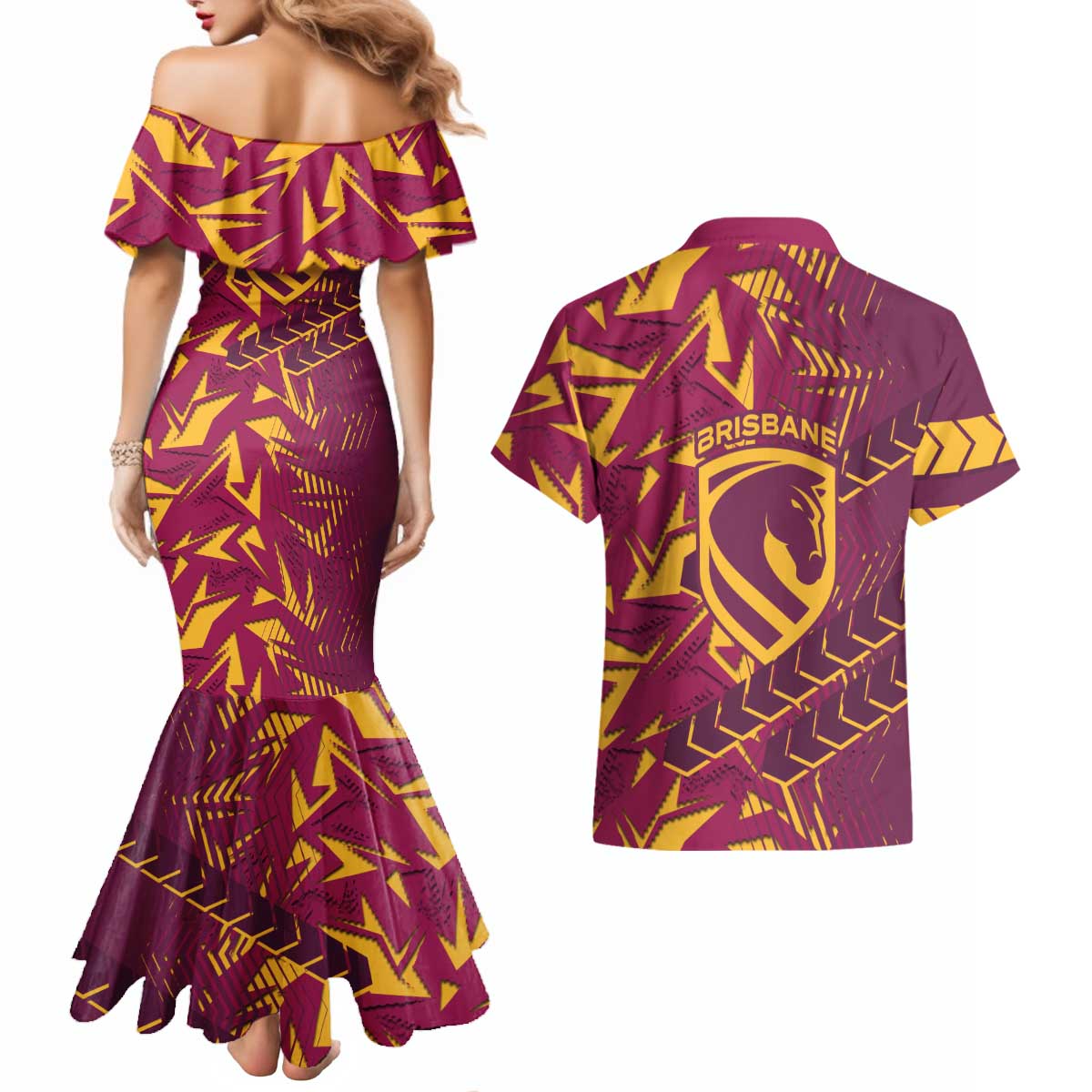 Brisbane Broncos Rugby Couples Matching Mermaid Dress and Hawaiian Shirt Fierce Mascot Geometric Tribal Art