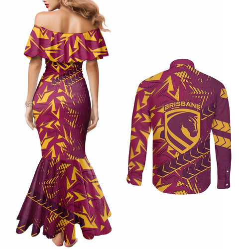 Brisbane Broncos Rugby Couples Matching Mermaid Dress and Long Sleeve Button Shirt Fierce Mascot Geometric Tribal Art
