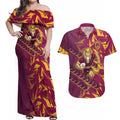 Brisbane Broncos Rugby Couples Matching Off Shoulder Maxi Dress and Hawaiian Shirt Fierce Mascot Geometric Tribal Art