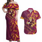 Brisbane Broncos Rugby Couples Matching Off Shoulder Maxi Dress and Hawaiian Shirt Fierce Mascot Geometric Tribal Art