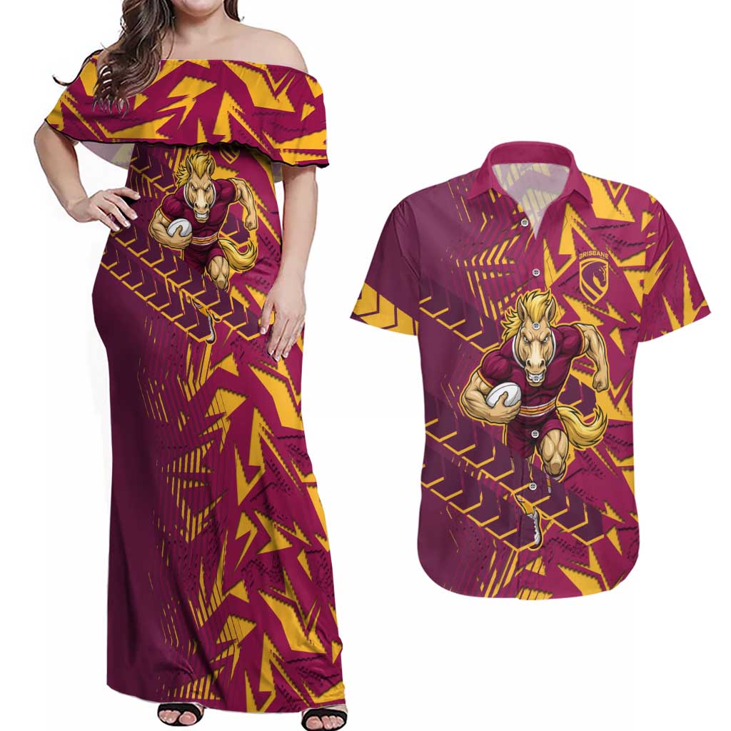 Brisbane Broncos Rugby Couples Matching Off Shoulder Maxi Dress and Hawaiian Shirt Fierce Mascot Geometric Tribal Art