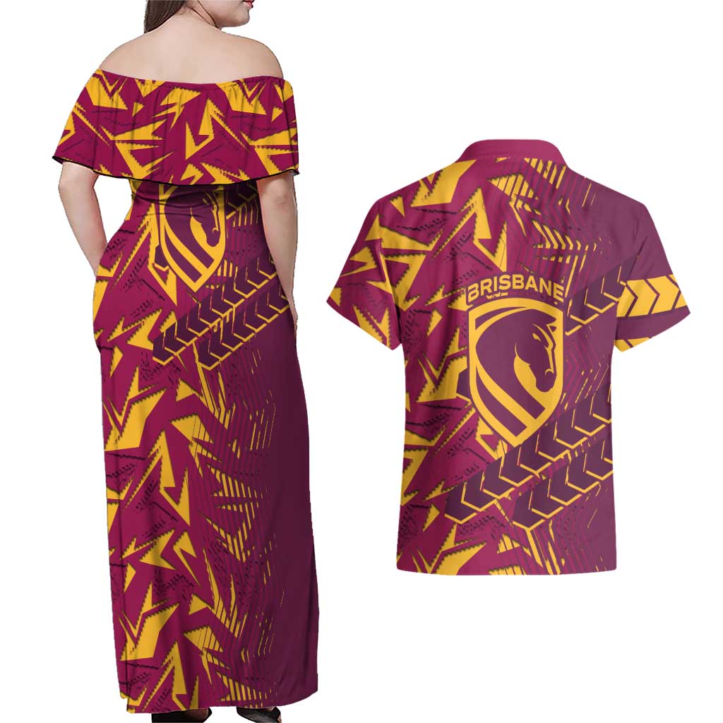 Brisbane Broncos Rugby Couples Matching Off Shoulder Maxi Dress and Hawaiian Shirt Fierce Mascot Geometric Tribal Art
