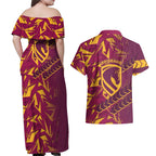 Brisbane Broncos Rugby Couples Matching Off Shoulder Maxi Dress and Hawaiian Shirt Fierce Mascot Geometric Tribal Art