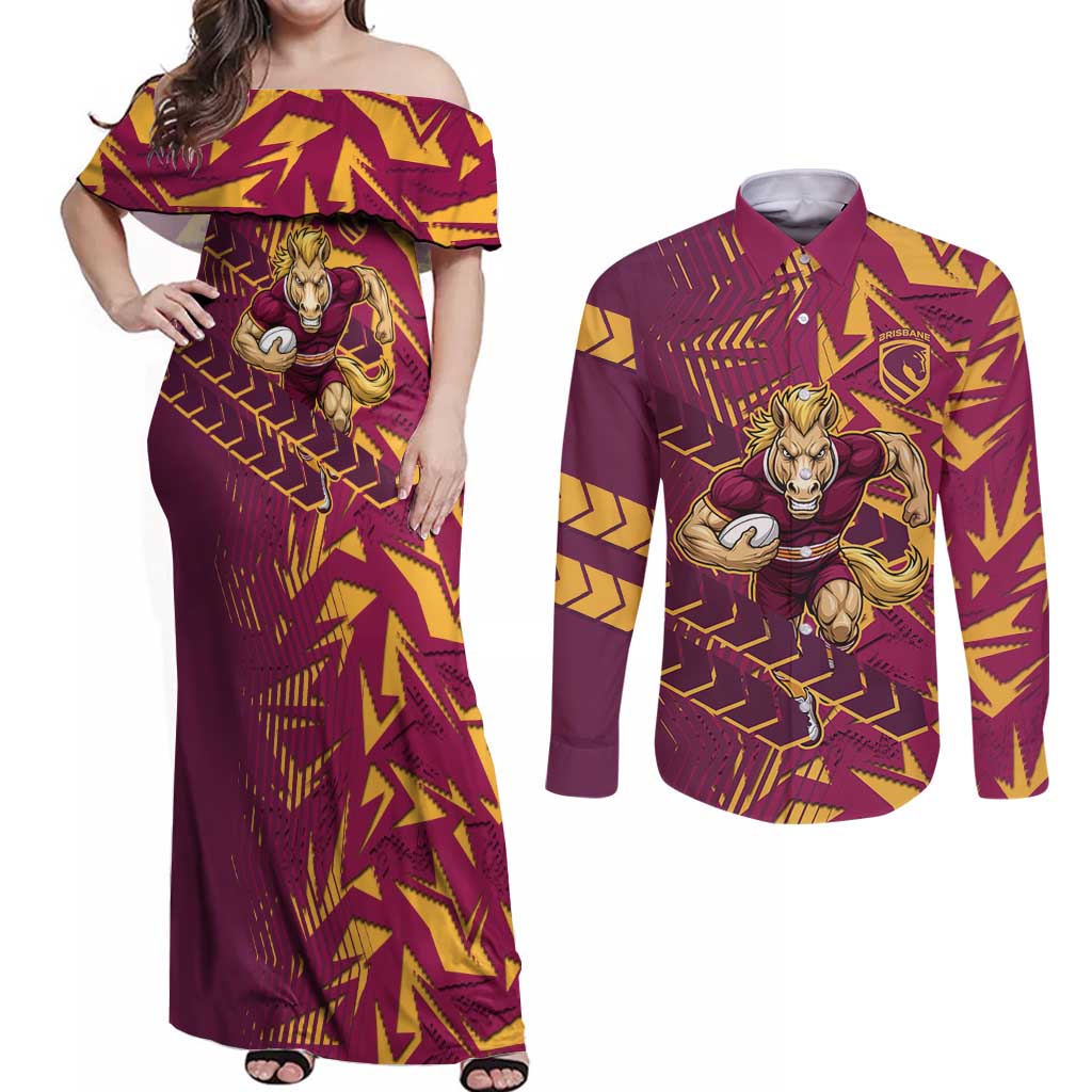 Brisbane Broncos Rugby Couples Matching Off Shoulder Maxi Dress and Long Sleeve Button Shirt Fierce Mascot Geometric Tribal Art