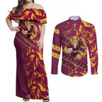 Brisbane Broncos Rugby Couples Matching Off Shoulder Maxi Dress and Long Sleeve Button Shirt Fierce Mascot Geometric Tribal Art