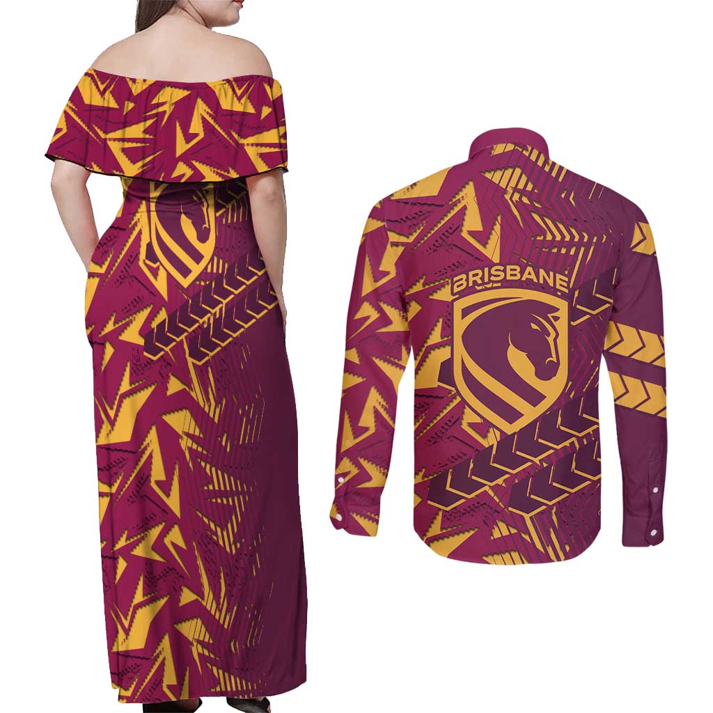 Brisbane Broncos Rugby Couples Matching Off Shoulder Maxi Dress and Long Sleeve Button Shirt Fierce Mascot Geometric Tribal Art