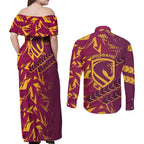 Brisbane Broncos Rugby Couples Matching Off Shoulder Maxi Dress and Long Sleeve Button Shirt Fierce Mascot Geometric Tribal Art