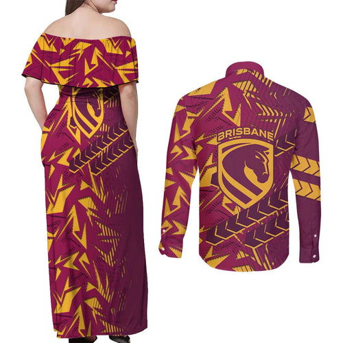 Brisbane Broncos Rugby Couples Matching Off Shoulder Maxi Dress and Long Sleeve Button Shirt Fierce Mascot Geometric Tribal Art