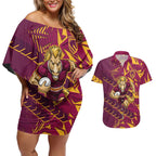 Brisbane Broncos Rugby Couples Matching Off Shoulder Short Dress and Hawaiian Shirt Fierce Mascot Geometric Tribal Art