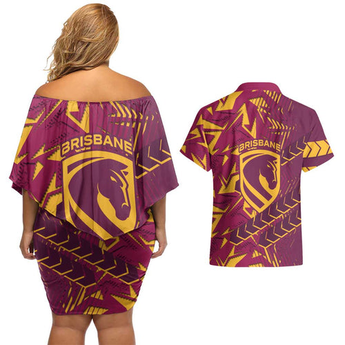 Brisbane Broncos Rugby Couples Matching Off Shoulder Short Dress and Hawaiian Shirt Fierce Mascot Geometric Tribal Art