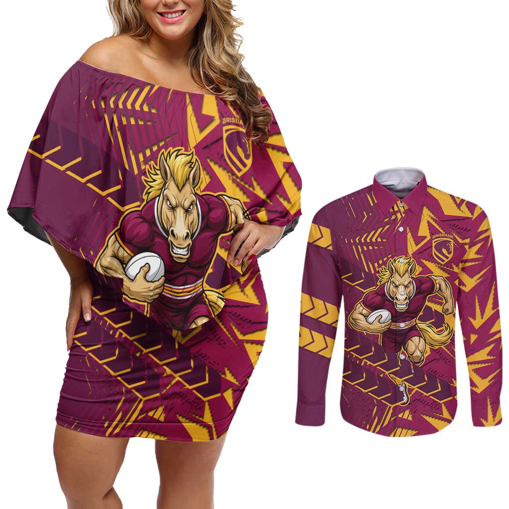 Brisbane Broncos Rugby Couples Matching Off Shoulder Short Dress and Long Sleeve Button Shirt Fierce Mascot Geometric Tribal Art