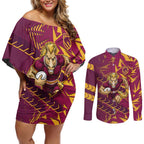 Brisbane Broncos Rugby Couples Matching Off Shoulder Short Dress and Long Sleeve Button Shirt Fierce Mascot Geometric Tribal Art