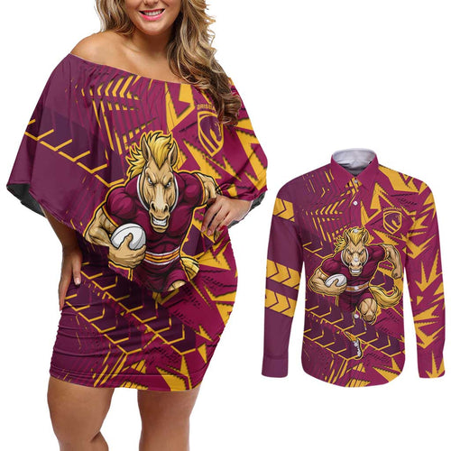Brisbane Broncos Rugby Couples Matching Off Shoulder Short Dress and Long Sleeve Button Shirt Fierce Mascot Geometric Tribal Art