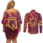 Brisbane Broncos Rugby Couples Matching Off Shoulder Short Dress and Long Sleeve Button Shirt Fierce Mascot Geometric Tribal Art