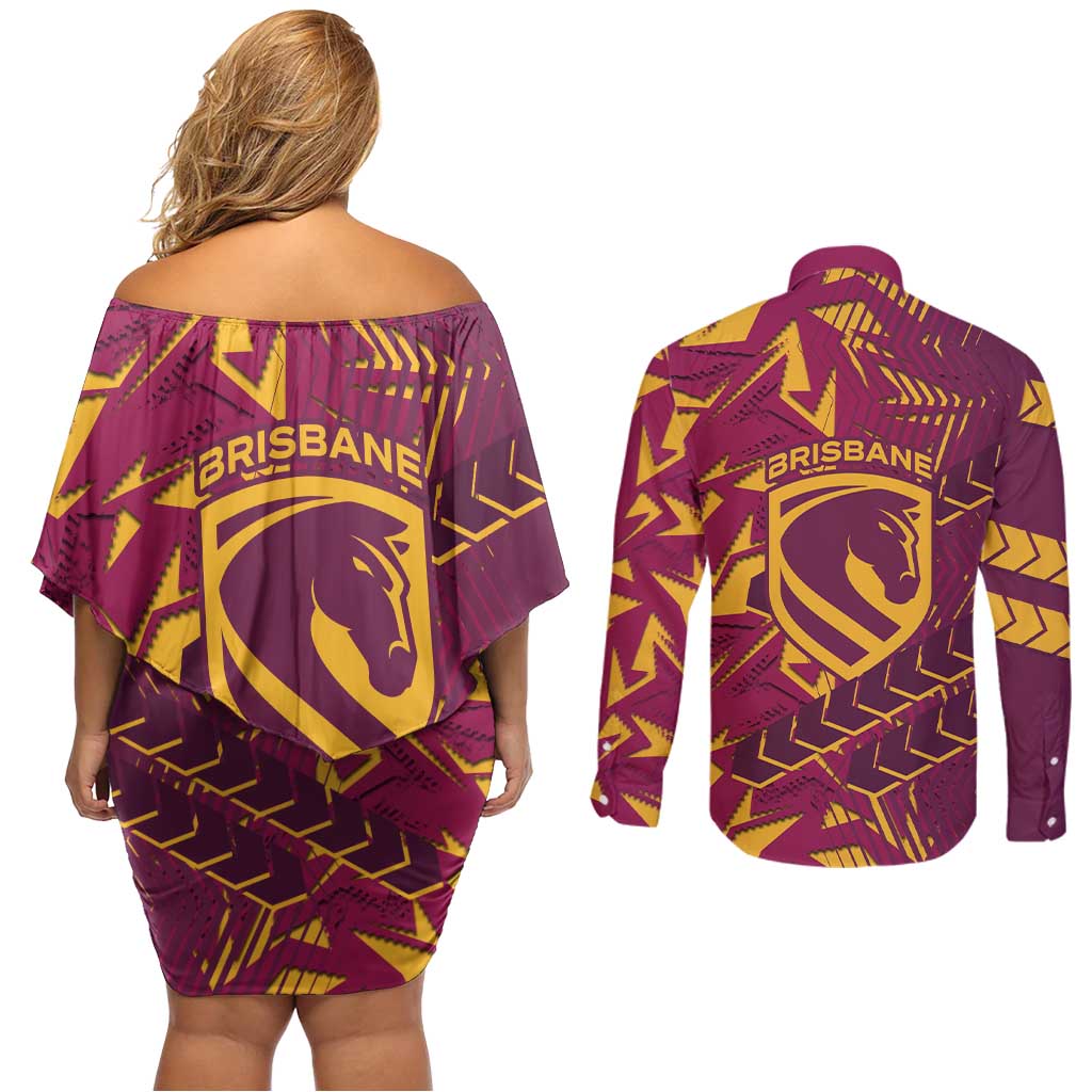 Brisbane Broncos Rugby Couples Matching Off Shoulder Short Dress and Long Sleeve Button Shirt Fierce Mascot Geometric Tribal Art