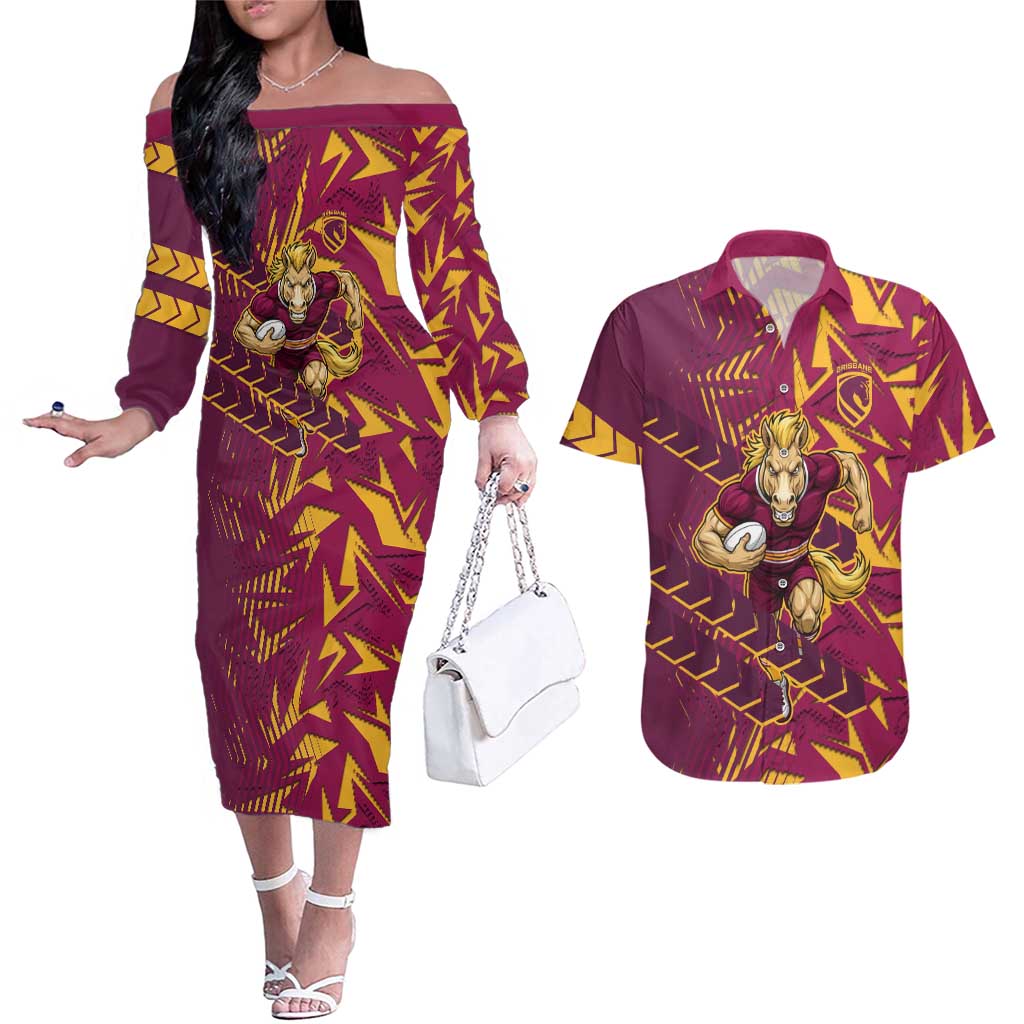 Brisbane Broncos Rugby Couples Matching Off The Shoulder Long Sleeve Dress and Hawaiian Shirt Fierce Mascot Geometric Tribal Art