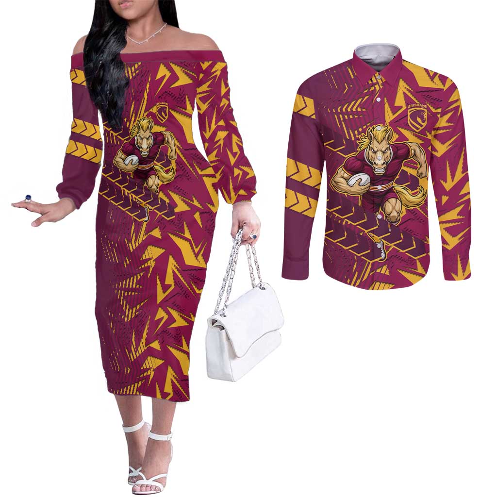 Brisbane Broncos Rugby Couples Matching Off The Shoulder Long Sleeve Dress and Long Sleeve Button Shirt Fierce Mascot Geometric Tribal Art