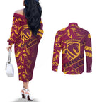 Brisbane Broncos Rugby Couples Matching Off The Shoulder Long Sleeve Dress and Long Sleeve Button Shirt Fierce Mascot Geometric Tribal Art