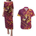 Brisbane Broncos Rugby Couples Matching Puletasi and Hawaiian Shirt Fierce Mascot Geometric Tribal Art